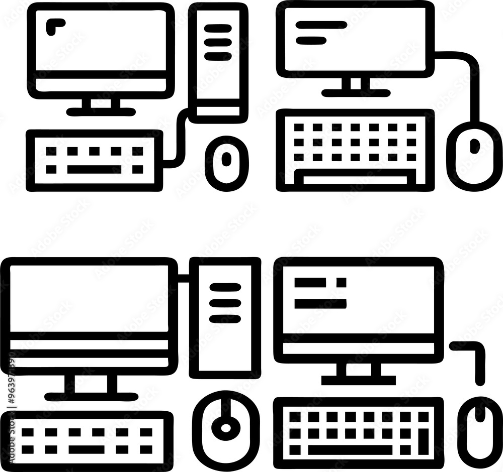 A versatile set of vector icons featuring computer components, including a mouse, keyboard, and system unit. This collection is designed in a clean, minimalist style, suitable for a variety of technol A versatile set of vector icons featuring computer components, including a mouse, keyboard, and system unit. This collection is designed in a clean, minimalist style, suitable for a variety of technol