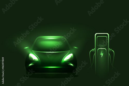 Green glow electric car silhouette, charging on the station. Green neon glowing EV vehicle filling up a battery. Modern hybrid car.