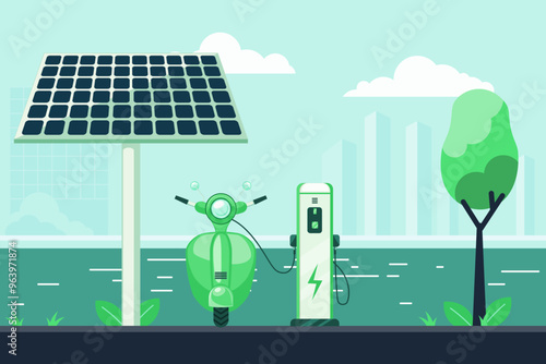 Solar battery and electric scooter charging on the waterfront. Modern city buildings in the distance.