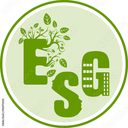 Green letters ESG, concepts on environmental, social and corporate sustainability performance management for investment screening. Letter E with branches and leaves, S with faces and G with windows.