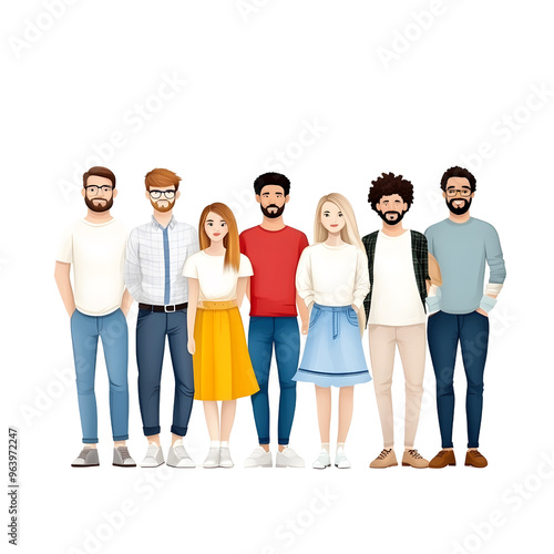 A diverse group of eight animated people standing together, showcasing friendship and community in a vibrant illustration.