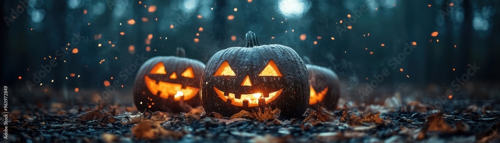 Naklejka premium In a dark forest, three illuminated jack-o'-lanterns are encircled by falling embers, crafting an eerie and haunting Halloween scene.
