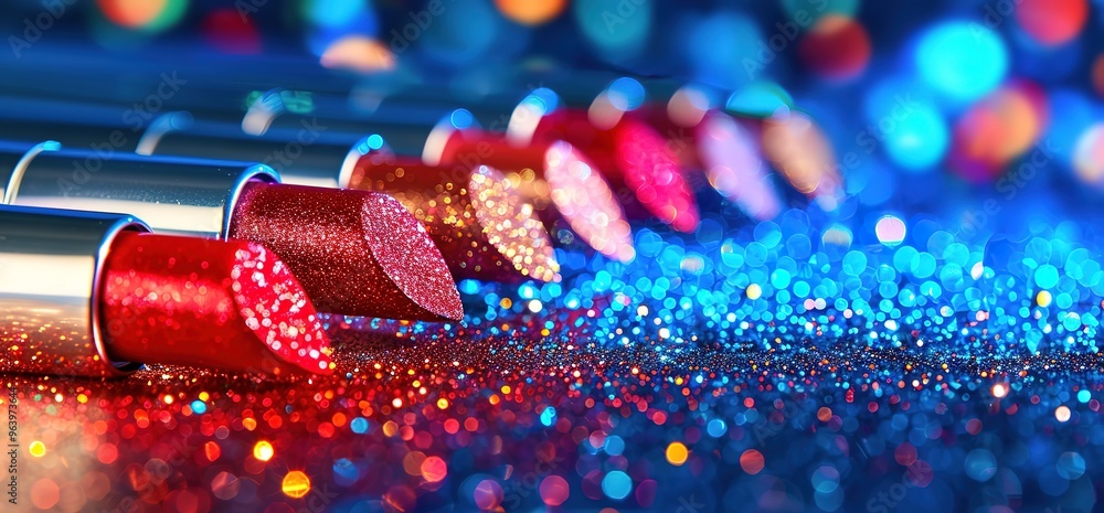 Close up of colorful lipsticks with glitter on a blue background, perfect for beauty and fashion projects. Close up of colorful lipsticks with glitter on a blue background, perfect for beauty and fashion projects.