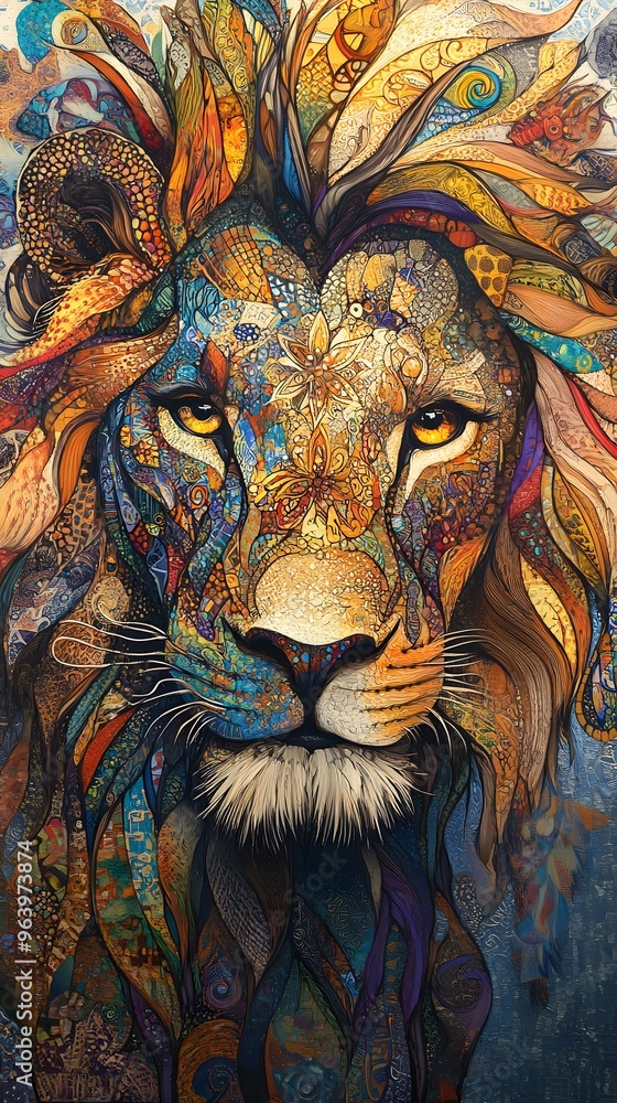 Abstract Mosaic Lion Portrait with Intricate Patterns and Vibrant Colors Abstract Mosaic Lion Portrait with Intricate Patterns and Vibrant Colors