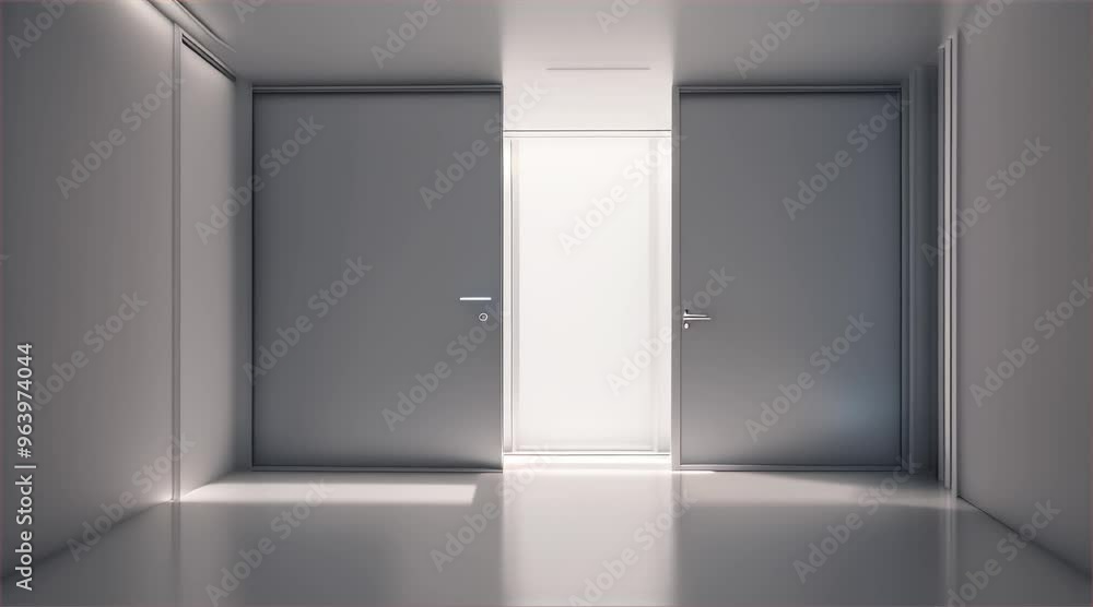 3D rendering of interior of building, hotel corridor, modern empty white room with door and window with warm light. 3D rendering of interior of building, hotel corridor, modern empty white room with door and window with warm light.