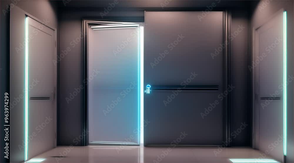 3D rendering of interior of building, hotel corridor, modern empty white room with door and window with warm light. 3D rendering of interior of building, hotel corridor, modern empty white room with door and window with warm light.