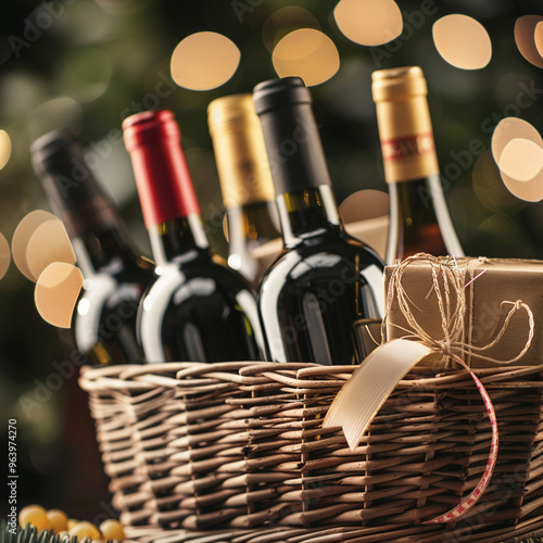 Wicker basket with bottles of wine and gift box against blurred background, closeup