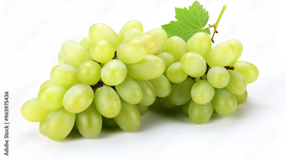 Fresh green grapes with leaves arranged on a white surface in natural lighting Fresh green grapes with leaves arranged on a white surface in natural lighting
