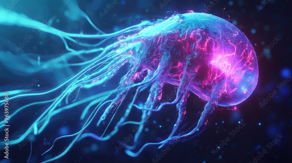 A futuristic microorganism engineered for energy generation, glowing brightly as it converts matter into bioelectricity. A futuristic microorganism engineered for energy generation, glowing brightly as it converts matter into bioelectricity.