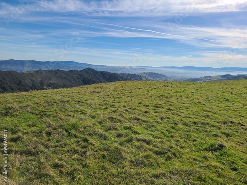 View of Las Trampass hills in the East Bay after winter rains bring greenery and wildflowers on the hills