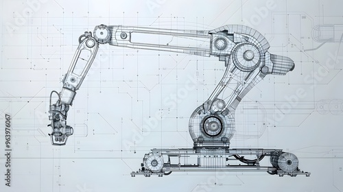 Detailed 3D blueprint of a robotic arm designed for intricate assembly