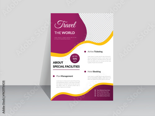 Travel poster or flyer pamphlet brochure design layout space for photo purple and yellow background. Travel flyer template for travel agency.