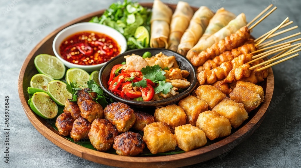 A vibrant platter of assorted Thai appetizers including fish cakes, spring rolls, and chicken satay, beautifully arranged for sharing A vibrant platter of assorted Thai appetizers including fish cakes, spring rolls, and chicken satay, beautifully arranged for sharing