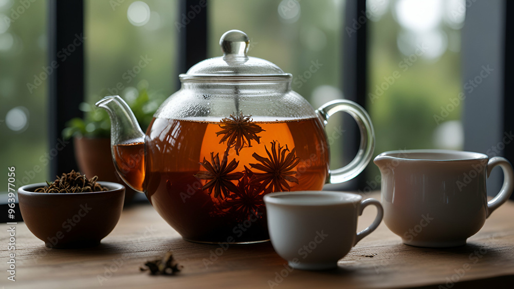 Tea in a teapot with anise spice, next to a window, for detox and wellness. Tea in a teapot with anise spice, next to a window, for detox and wellness.