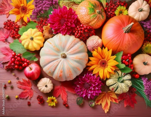 autumn still life with pumpkins and flowers