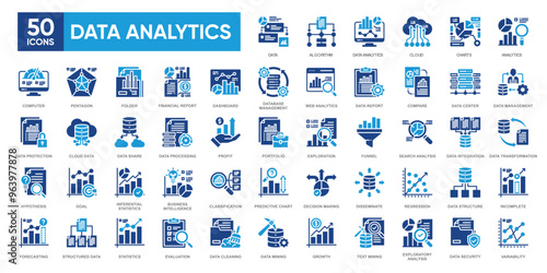Data analytics icon set. Editable stroke illustration. Vector ui and web icon.