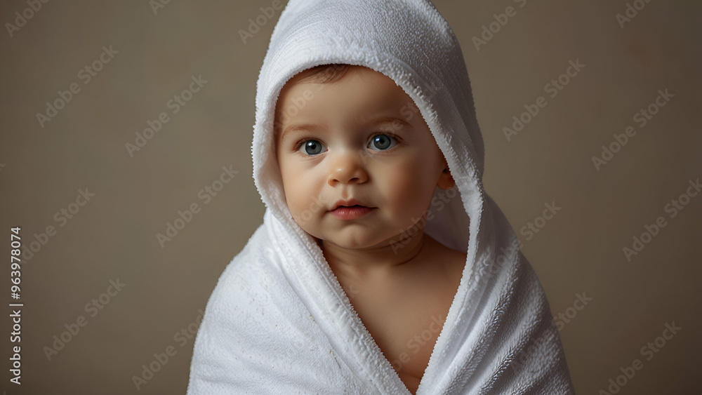 Baby wrapped in a towel after bath, portrait of a cute, innocent toddler. Baby wrapped in a towel after bath, portrait of a cute, innocent toddler.