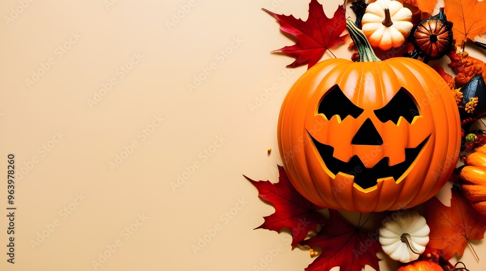 Jack-o'-lantern with a spooky face on blank background for writing. Halloween festival theme. Jack-o'-lantern with a spooky face on blank background for writing. Halloween festival theme.