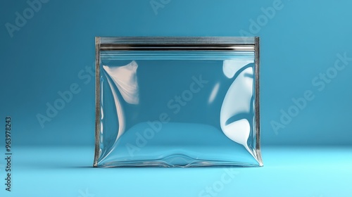 A clear plastic zip lock bag with a silver zipper is shown on a blue background.