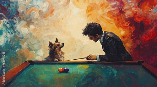 A man aims a pool cue while a dog attentively watches from across the table in a vibrant, abstract painting.
