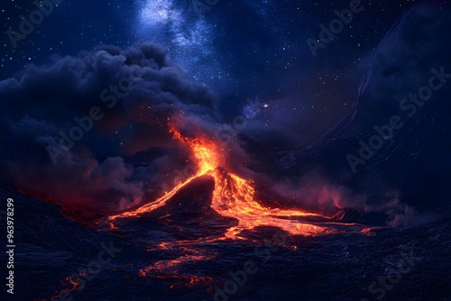 Dramatic scene of a volcanic eruption, with lava flows and ash clouds set against a backdrop of a dark, starry night