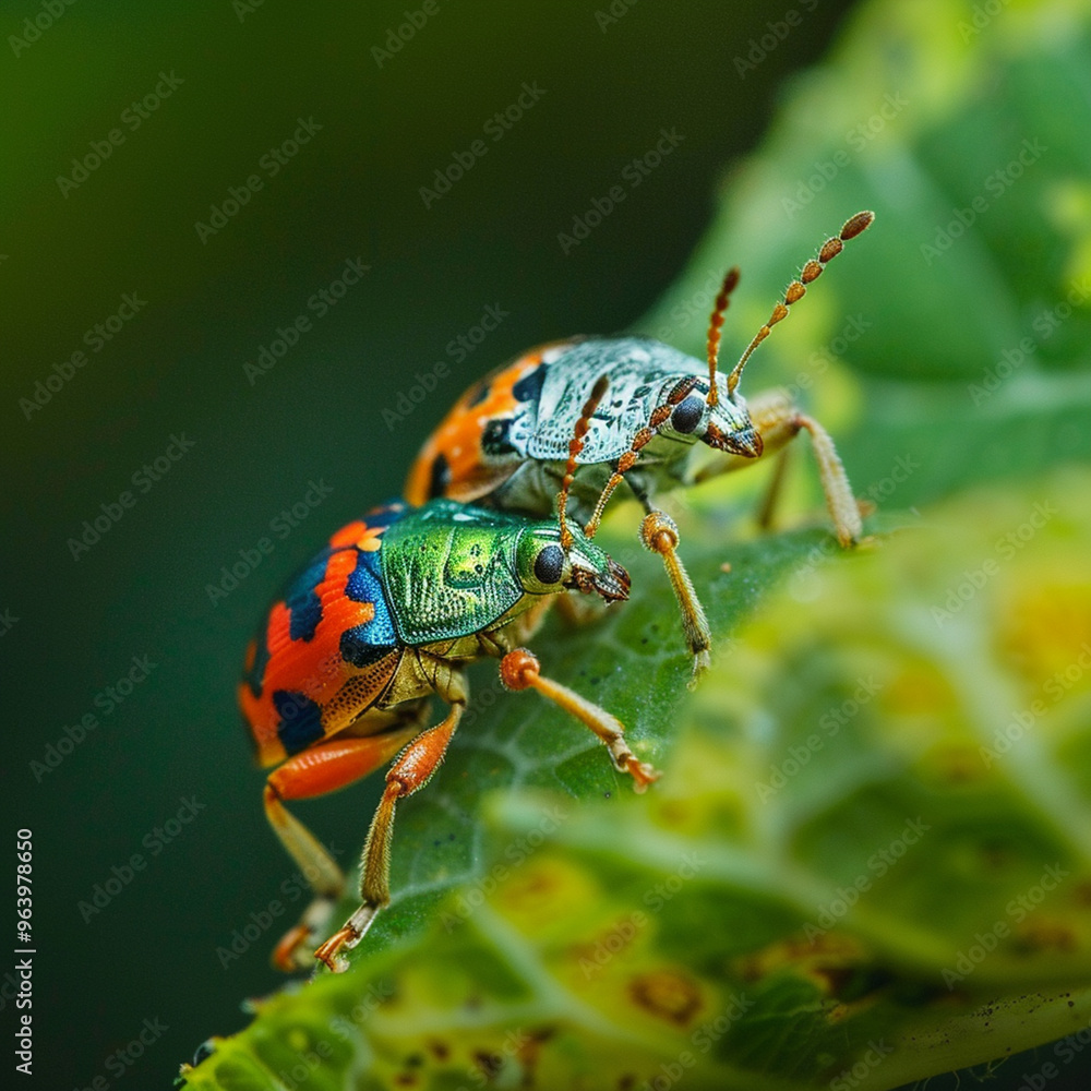 Fototapeta premium Close up of insects mating on leaf