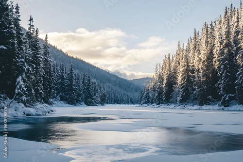 Wallpaper Mural Frozen lake surrounded by snow-covered trees, with the setting sun casting warm hues on the ice Torontodigital.ca