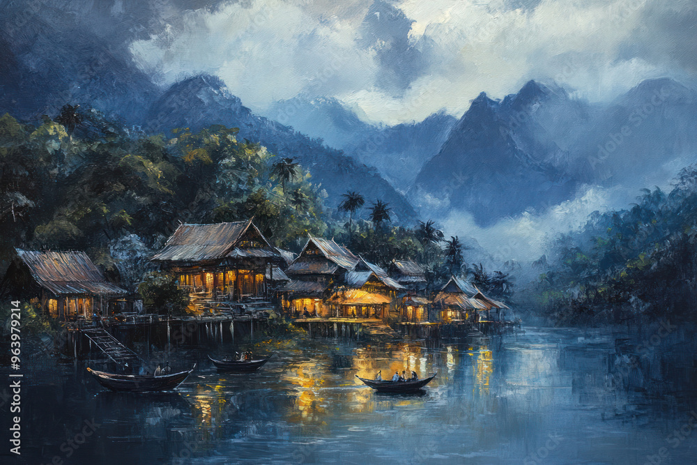 oil painting, Village and bungalows along Nam Song River in Vang Vieng, Laos. oil painting, Village and bungalows along Nam Song River in Vang Vieng, Laos.