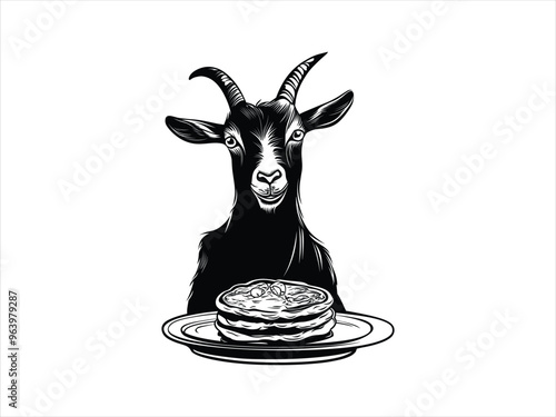 Mischievous Goat Chewing Pancakes – National Pancake Day Farm Animal Vector.