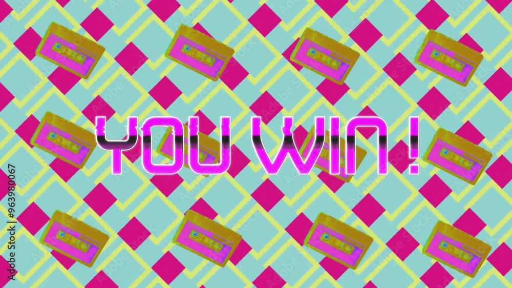 Animation of you win text over pattern background Animation of you win text over pattern background