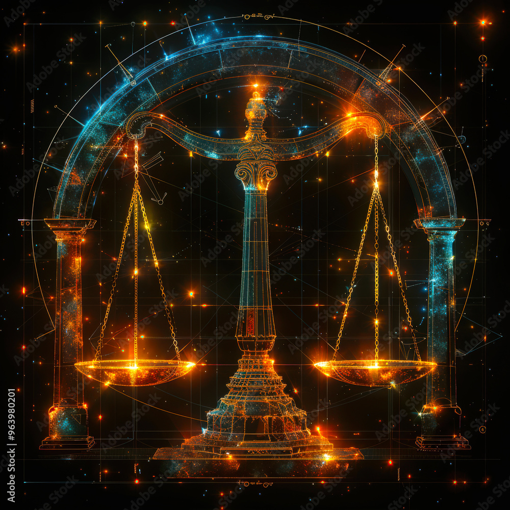 The concept of the astrological sign of the Libra horoscope. The scales are illuminated with bright colors, and it seems that they are in space. Astrological forecast for Libra The concept of the astrological sign of the Libra horoscope. The scales are illuminated with bright colors, and it seems that they are in space. Astrological forecast for Libra