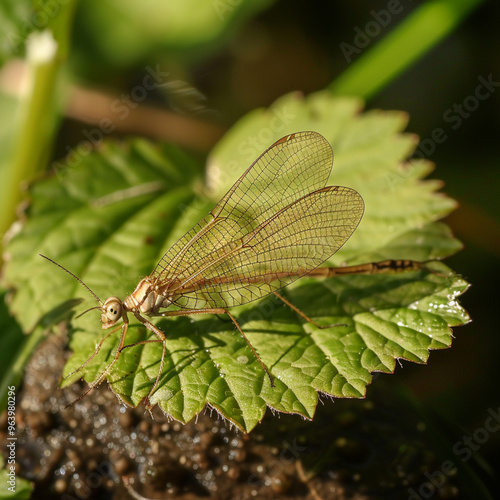 Mayfly (Ephemera Danica) on leaf, Dala river, Götene, Västra Götaland, Sweden, photo