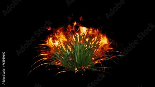 Burning Bush or Grass. Fire Effect Animation on Transparent Background Isolated 4K Video. Visual Effects and Motion Graphics Element.