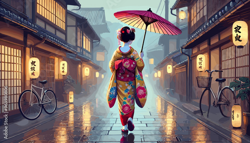 Drizzling rain and maiko in Gion. Vector illustration.