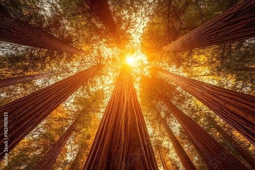 A towering redwood forest bathed in the golden light of sunset. The ancient trees seem to reach towards the sky, their branches intertwining to form a natural cathedral photo