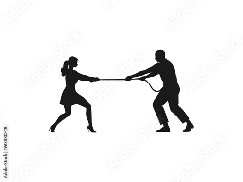 Man and women pulling a rope in tug-of-war silhouette.