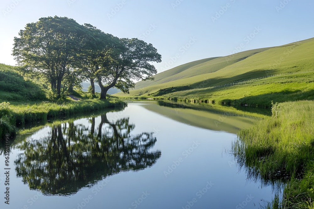 Tranquil river meandering through a green valley, reflecting the surrounding hills and trees Tranquil river meandering through a green valley, reflecting the surrounding hills and trees