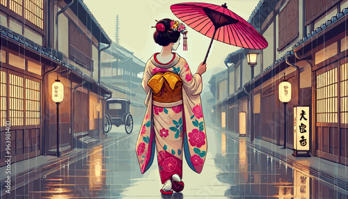 Drizzling rain and maiko in Gion. Vector illustration.