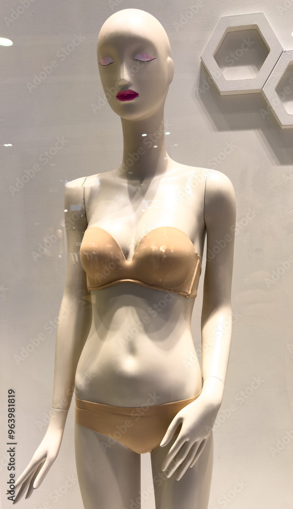 A mannequin in underwear in a market window A mannequin in underwear in a market window