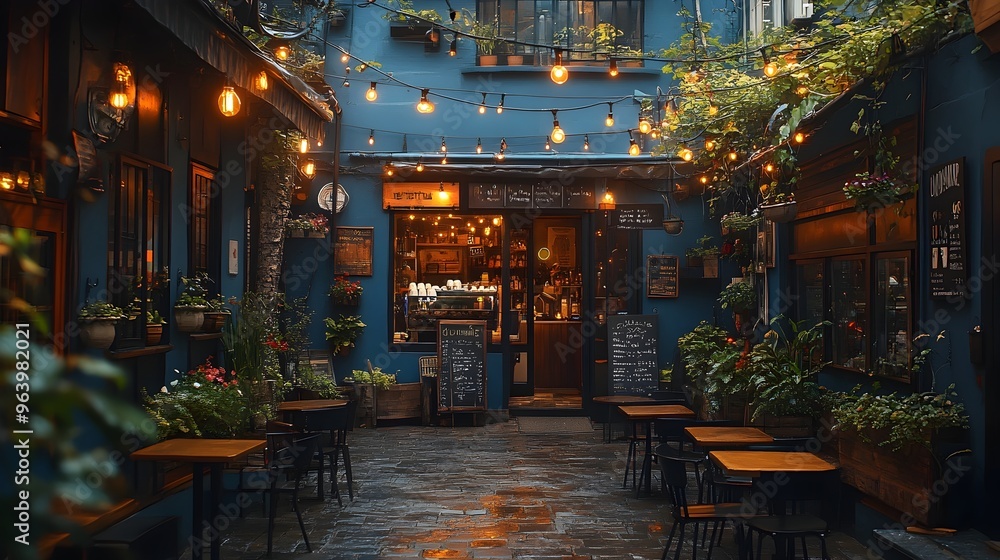 Cozy and Inviting Alley Coffee Shop with Hanging Lights and Hidden Charm Cozy and Inviting Alley Coffee Shop with Hanging Lights and Hidden Charm