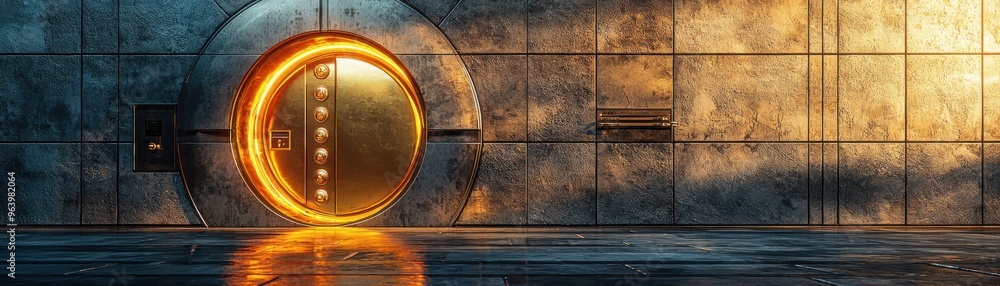 Fototapeta premium A futuristic vault entrance illuminated with golden light, set against a textured concrete wall, evoking mystery and intrigue.