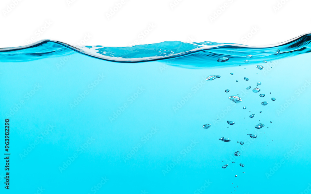 Water Wave, Air Bubbles Float Up Under Water. Water Splashing. Oxygen Relaxation. Blue Water Textured on White Background. Water Wave, Air Bubbles Float Up Under Water. Water Splashing. Oxygen Relaxation. Blue Water Textured on White Background.