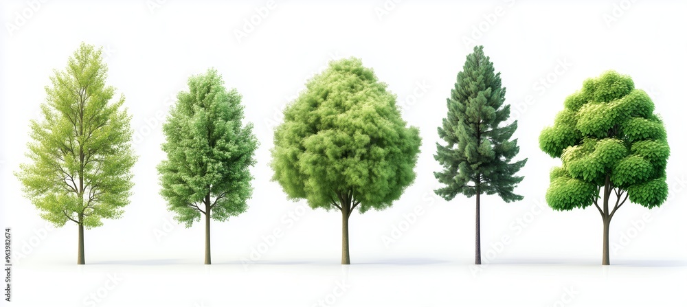 Obraz premium A collection of various tree species arranged in a row, isolated on a white background