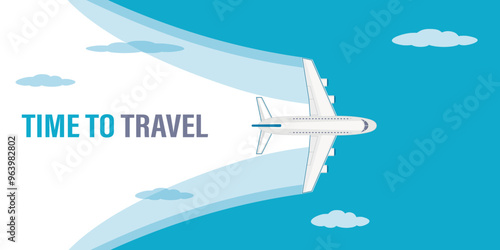 Airplane flight, top view. Plane journey, time to travel, tours, airport advertising, trip abroad on vacation, and plane routes, horizontal banner. Place for text, template.