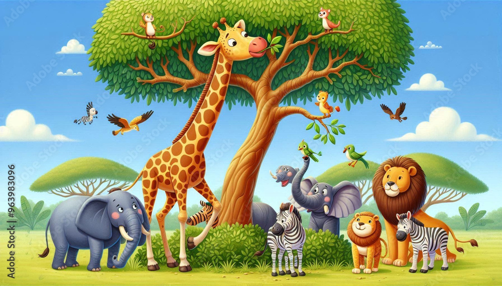 The image you uploaded is a vibrant and colorful illustration of various animals in a serene, grassy landscape with a clear blue sky. The image you uploaded is a vibrant and colorful illustration of various animals in a serene, grassy landscape with a clear blue sky.