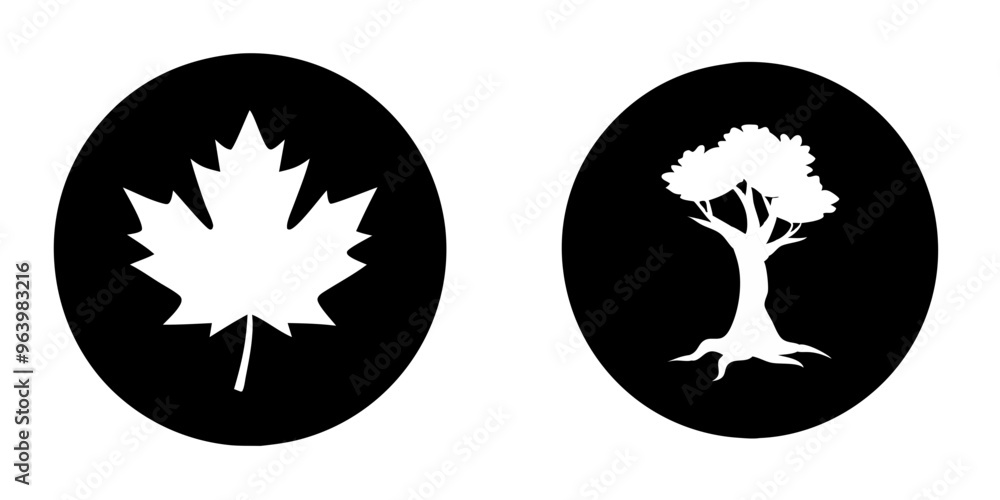 Obraz premium Set of 2 icons tree and maple leaf on black background