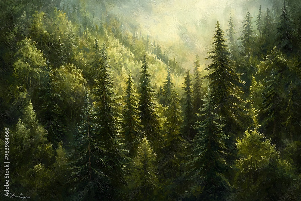 Enchanting Forest: A Serene Morning Amidst Evergreen Trees Enchanting Forest: A Serene Morning Amidst Evergreen Trees