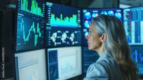 A female senior data scientist analyzing big data graphs on multiple monitors. Concept Technology, Data Analysis, Senior Professional, Big Data, Analytics 