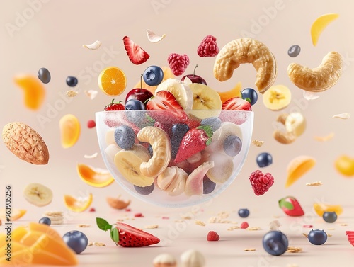 Different fruits and nuts float in the air
