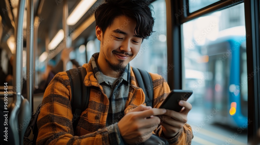 a man looks happy with his smartphone on the bus a man looks happy with his smartphone on the bus